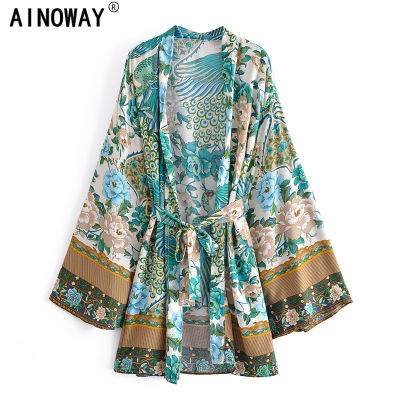 Boho Peacock Floral Print Sashes Cover-up Women Bohemian V Neck Batwing Sleeves Happie Short Beach Robe Kimono