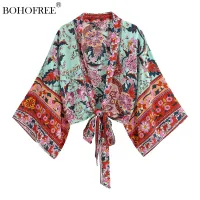 Boho Vintage Sablon Bunga Sashes สั้นกิโมโนผู้หญิง2023แฟชั่นผู้หญิงเสื้อสบายๆ V คอแขน Batwing Bohemian Cover-Up