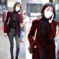 Designer Runway Velvet Jacket Coat 2020 Spring Autumn Women Notched Single-Button Red Small Suits Plaid Pocket Outerwear