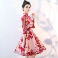 cheongsam สไตล์จีนชุดกระโปรง 2020 ใหม่ย่อหน้าสั้น ๆ สีแดงเป็นชุดราตรีบาง ๆ