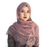 【Miki Xinyuan】 Muslimscarf Hijabplain ผ้าคลุมไหล่ห่อลูกไม้สีขาว F Oulard F Emme Islamicheadscarf อาหรับไข่มุกหัวห่อผ้าพันคอ