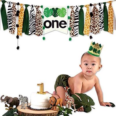 Palm Green leaves ONE Highchair Banner Wild One Birthday Decorations Where The Wild Things are Crown Birthday Cake Topper for Baby Jungle Animal First Birthday Decoration