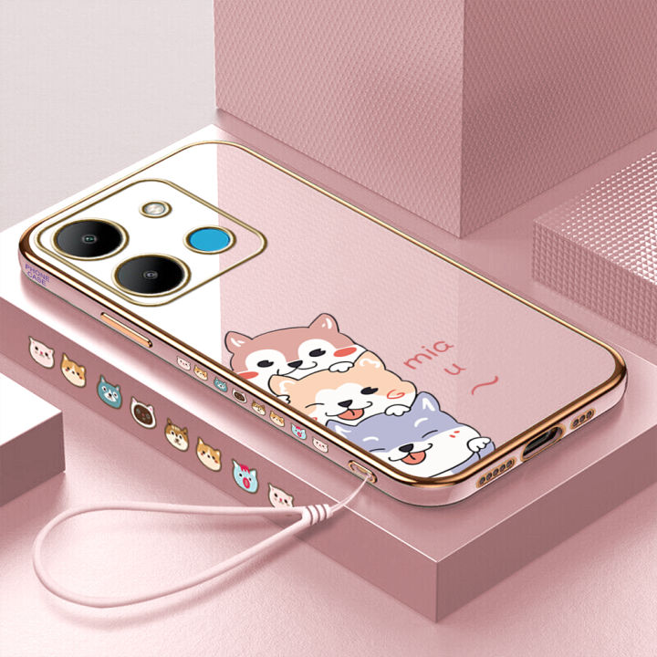 คลังสินค้าพร้อม-เคสเคสมือถือสำหรับ-infinix-smart-7-x6515พร้อมฟรีสายคล้อง-ตัวการ์ตูนสุนัขขอบสี่เหลี่ยมชุบเคลือบเคสนิ่มฝาหลัง