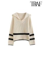 ♠❁▧ Nlzgmsj traf 2023 New Polo V-Neck Knitted Sweater Lapel Striped Pullovers Commute Female Top