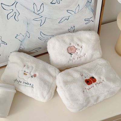 Autumn and Winter Plush Cosmetic Bag Women Flower Rabbit Cute Cartoon Embroidery Makeup Bags Pouch Female Make Up Bag Soft
