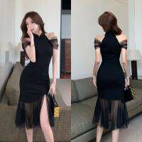 R Package Hip Skirt Fishtail Hem Line Neck Mesh Stitching Improved Cheongsam Dress