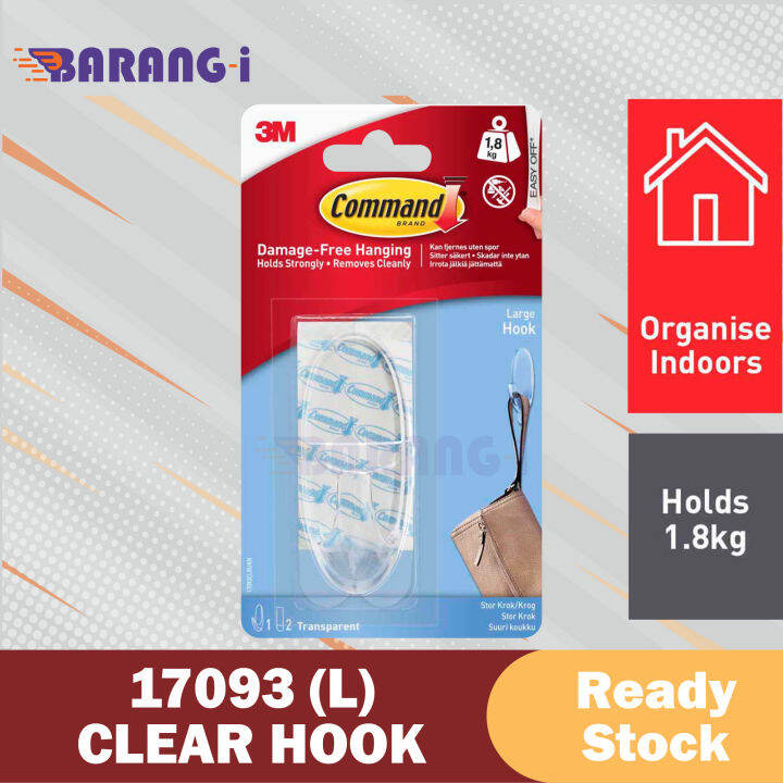 3M Command 17093 CLR-ES 1.8kg Clear Large Organize Hook Wall Decorate ...