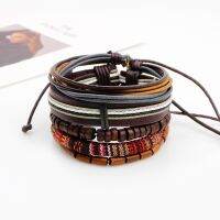 345pcs/set Gypsy Hippie Punk Tibetan Light Dark Brown Wood Beads Wrap Leather Cord Layers Stackable Bracelets Bangle Set for Man Printing Stamping