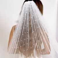 TOPQUEEN V05 Pearls Bridal Veil Soft 1 Tier Beaded Wedding Veil for Bride Cathedral Length with Comb Wedding Accessories Hair Accessories