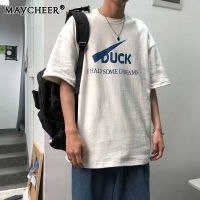 MAYCHEER เสื้อยืดแขนสั้นผู้ชายเทรนด์ง่ายพิมพ์เสื้อคอกลมหลวมกับแบรนด์สุทธิสีแดงครึ่งแขน