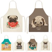 [TIN Household Products] สุนัขน่ารัก Pug พิมพ์68X55ซม. ผ้าฝ้ายลินินแขนกุดผ้ากันเปื้อนผ้ากันเปื้อนครัวสำหรับผู้หญิงทำอาหารที่บ้านเบเกอรี่เอว Bibs Pinafore