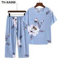 Middle-aged and elderly cotton silk pajamas womens summer thin short-sleeved two-piece suit cotton silk mother and grandma home clothes can be worn outside