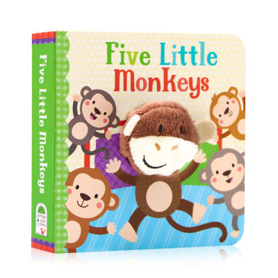 Five little monkeys wriggle their fingers. Five little monkeys English Picture Book European and American classic nursery rhyme parent-child interaction English Enlightenment paperboard Book hole book small palm book