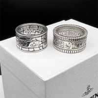 VIVIENNE WESTWOOD High Version Wide Silver Stone Pattern Antique Silver Gear Letter Saturn Ring No. 15--D8057