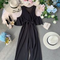 Jumpsuits for Women Korean High Waist Temperament V Neck Strapless Flared Sleeve Jumpsuits Slim Wide Leg Rompers