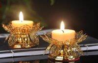 ทิเบตพุทธโลหะผสมผ่านแกะสลักโลตัสเนยผู้ถือโคมไฟ Candleholder 8.5*4.5เซนติเมตรมงคลโลตัสผู้ถือโคมไฟ2ชิ้น (1คู่)