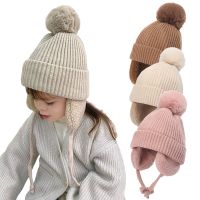 Winter Baby Hat Big Pompom Beanie with Earflap Wool Plush Lining Infant Knitted Cap for Girls Boys Warm Kids Accessories 2-6Y