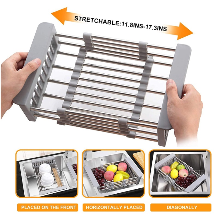 Adjustable Dish Drainer Stainless Steel Sink Drain Dish Rack Fruit  Vegetable