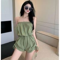 COD DSGERTRYTYIIO [Mall] New Style One-Shoulder Jumpsuit Womens Sling Pleated Wide-Leg Pants Summer Thin Narrow-Waist Loose Shorts 202