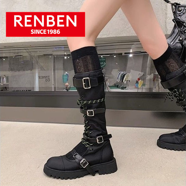 renben-รองเท้าบู้ทรองเท้าบู้ตแบบสตรีทแบบผูกเชือกหนาของผู้หญิง-รองเท้าบูทกลวงหัวเข็มขัดเข็มขัดหล่อสีดำท่อกลางเข่า