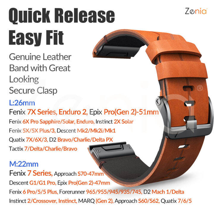zenia-26มม-22มม-หนังแท้คุณภาพสูง-quick-fit-สายนาฬิกาสำหรับ-garmin-fenix-7x-7-pro-51mm-6x-6-sapphire-solar-5x-5-plus-3-hr-descent-g1-mk1-mk2-mk2i-tactix-d2-bravo-delta-px-instinct-quatix-enduro-marq-fo