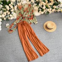 COD DSFGREYTRUYTU Summer New Women Floral V-neck Lace Chiffon Top High Waist Slim Solid Casual Wide-leg Pants Ladies Two Piece Set