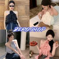 Zero shop?พร้อมส่ง? (Zero-60136) เสื้อเกาอกคล้องคอ ผ้าชีฟองแต่งดอกไม้หน้าอก แถมเข็มกลัด