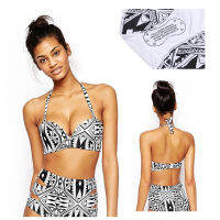 Womens Halter Geometric Print High Waisted Swimsuit Bathing Suits Bikini Black+White L