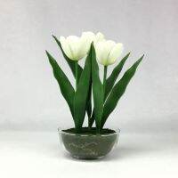 OrientalFineArt กระถางดอกไม้ประดิษฐ์ ดอกทิวลิปปลอมสีขาวพร้อมแก้ว Artificial Tulip with Glass