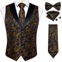 ยี่ห้อชุดเสื้อกั๊กสำหรับชายผ้าไหมสีดำทอง Paisley เสื้อกั๊ก Tie Cufflinks ผ้าเช็ดหน้าชุดชายเสื้อกั๊ก