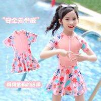 ชุดว่ายน้ำเด็กผู้หญิงหนึ่งชิ้นกลางและใหญ่แขนสั้นซัมเมอร์ Swimsuitcaohuatang3ฝึกกีฬาสไตล์กระโปรง2023
