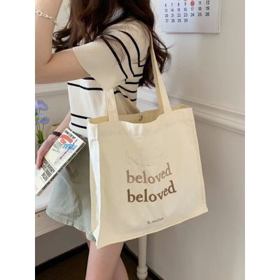 ▨ Korean Letter Embroidery Canvas Bag Tote Bag Womens Simple and Versatile Student Large Capacity Shoulder Bag
