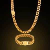 Upingi-hip hop เครื่องประดับสร้อยคอสร้อยข้อมือชุด18K Gold Miami stainless STEEL cuban Link chainc474or