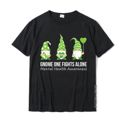 Gnome One Fights Alone Mental Health Awareness Green Ribbon T-Shirt Cotton Printing Tops T Shirt Company Mens Top T-Shirts