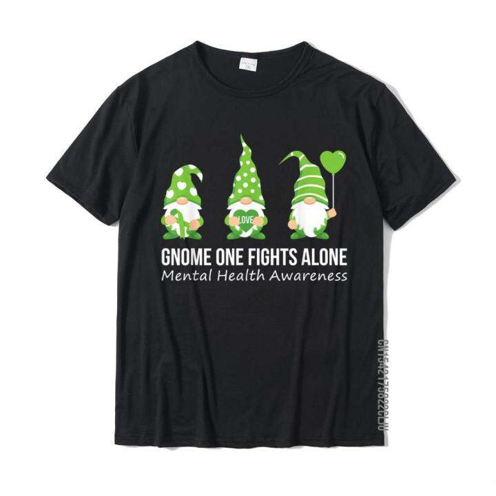 gnome-one-fights-alone-mental-health-awareness-green-ribbon-t-shirt-cotton-printing-tops-t-shirt-company-mens-top-t-shirts