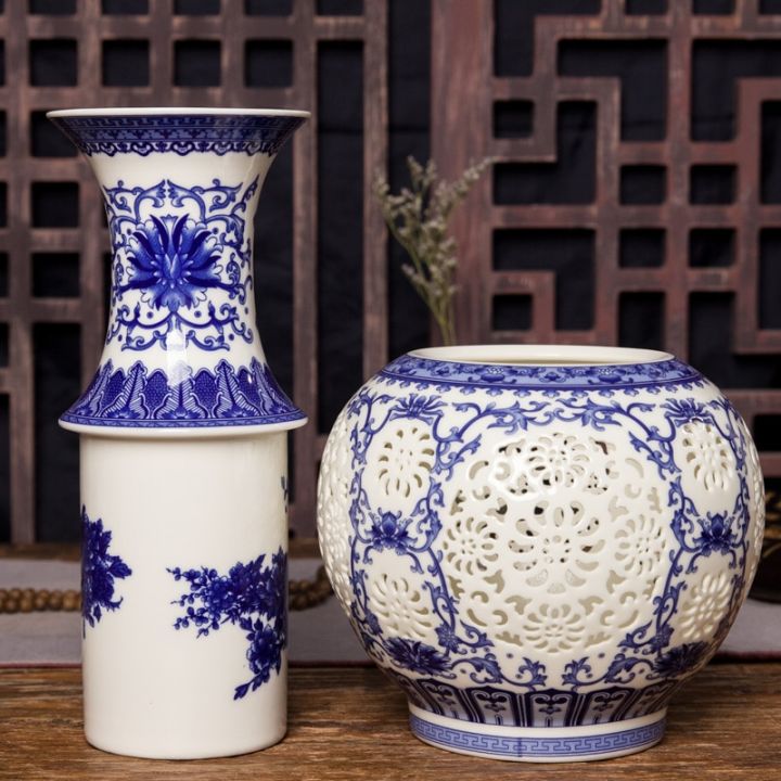 jingdezhen-แจกันเซรามิกกลวงสีฟ้าและสีขาวของจีนเจาะแจกันพอร์ซเลนตกแต่งห้องนั่งเล่นแจกันดอกไม้-heyuan-ในอนาคต