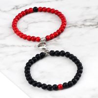 2Pcs/Set Magnetic Bracelet 6mm Ntural Black Lava Stone Beads Heart Pendant Charm Couple Bracelets for Friends Men Women Jewelry