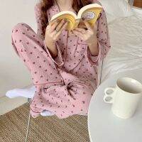 【jw】⊙  Cotton Sleepwear Korean Print Pyjamas Sleeve Pijama Female Set Negligee Cardigan