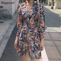 Summer Floral Dress for Women New Korean Vintage V Neck Print Party Dress Elegant Long Sleeve Woman Short Dresses Vestido 13929