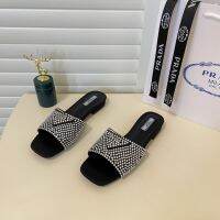 2023 Pradaˉsuper hot star the same style rhinestone kitten heel high-heeled flat slippers