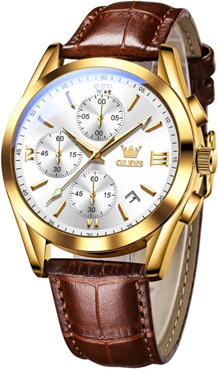 olevs-mens-chronograph-quartz-watches-leather-strap-gold-case-with-day-date-waterproof-stainless-steel-wrist-watch-luminous-hand-analog-watches-for-men-brown-black-blue-white-dial-leather-strap-white-