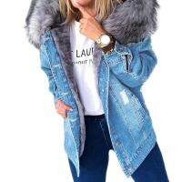 ฤดูหนาวแจ็คเก็ตขนสัตว์ผู้หญิง Denim Coats Faux Hooded Jean หนาแขนยาว Frayed Overcoat Outwear Vintage Cotton Female Coat