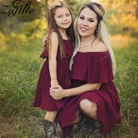 【CC】 ZAFILLE Mother Kids Mom and Daughter Matching Wine Shoulder Same Dresses