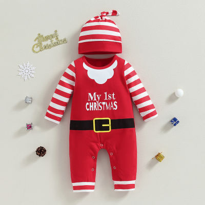 ชุดรอมเปอร์ + หมวกแขนยาวพิมพ์คอกลมลายเครื่องแต่งกายซานตาคริสมาสต์เด็กทารก