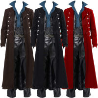 คอสเพลย์วินเทจยุคเครื่องแต่งกาย Steampunk โกธิคสีดำเสื้อแจ็คเก็ตยาวแวมไพร์โจรสลัดฮาโลวีนชุดพรรคผู้ชาย Trenchcoat