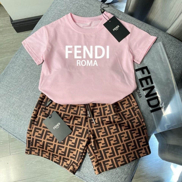 fendi-ใหม่ฤดูร้อนสบายๆสองชิ้นเด็กชายและเด็กหญิงผ้าฝ้ายกางเกงขาสั้นแขนสั้น