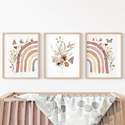 ○ Boho Rainbow Butterfly ดอกไม้เนอสเซอรี่ Wall Art ภาพวาดผ้าใบ Nordic โปสเตอร์และพิมพ์ภาพสาวเด็กตกแต่งห้อง