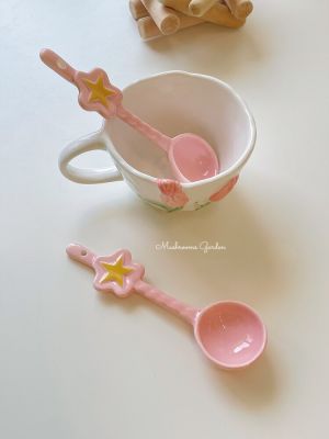 Mushrooms Garden   Girl Heart Cute Pink Star Irregular Ceramic Spoon Korean Household Dessert Spoon Soup Spoon Rice Spoon Serving Utensils