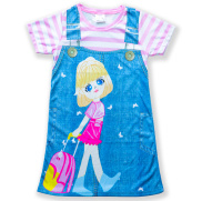Váy bé gái giả yếm vải thun hiệu in hình 3D sọc ngang MIMYKID, đầm trẻ em