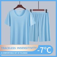 Summer Mens Pajamas Suit Thin Ice Home Clothes Traceless Short Sleeve Shorts Mens Round Neck Casual Summer Clothes